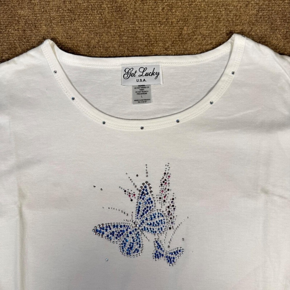 Vintage Get Lucky USA Rhinestone Butterfly Graphic Tee White Size Large Y2K